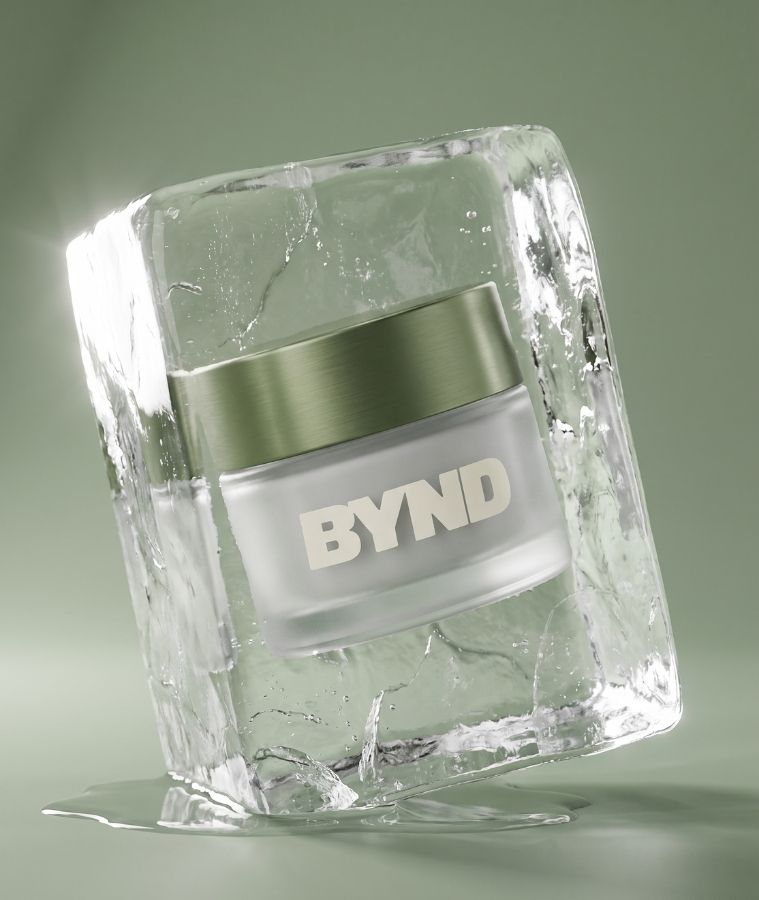 A BYND skincare jar frozen inside a melting ice block, CGI product render