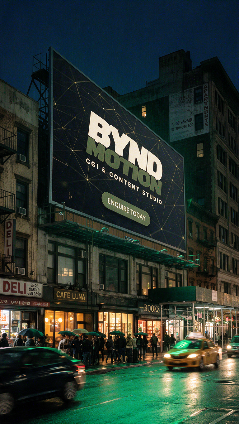 Bynd Motion billboard on a rooftop above a rainy New York street at night